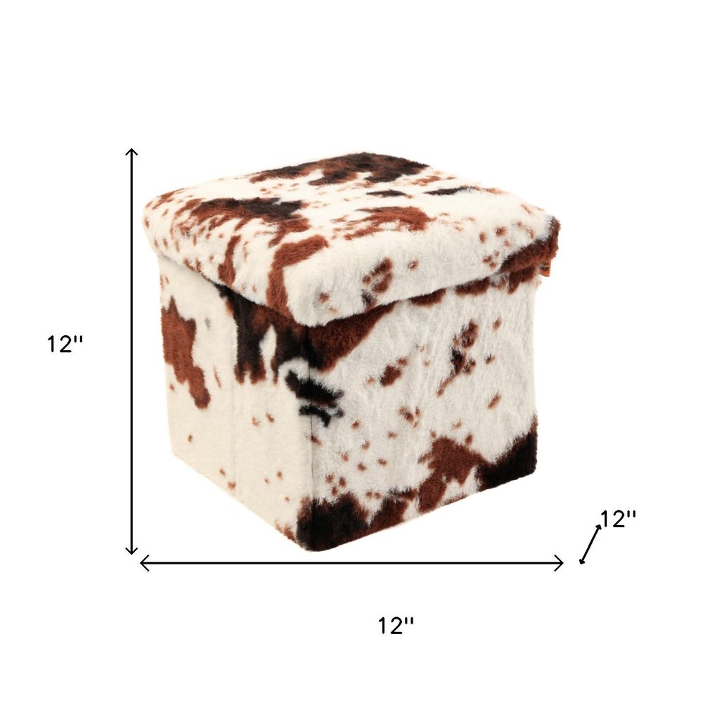 Brown and White Faux Fur Cow Print Storage Ottoman - 12-inch