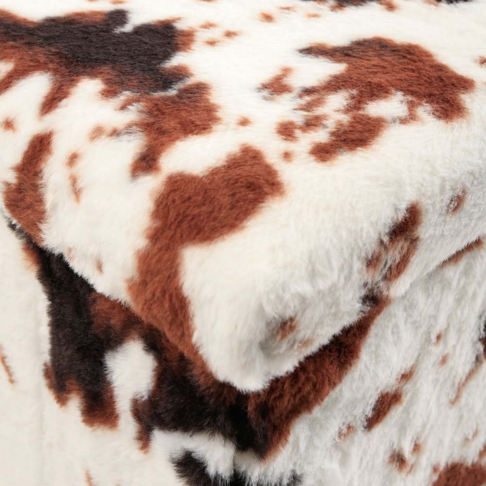 Brown and White Faux Fur Cow Print Storage Ottoman - 12-inch