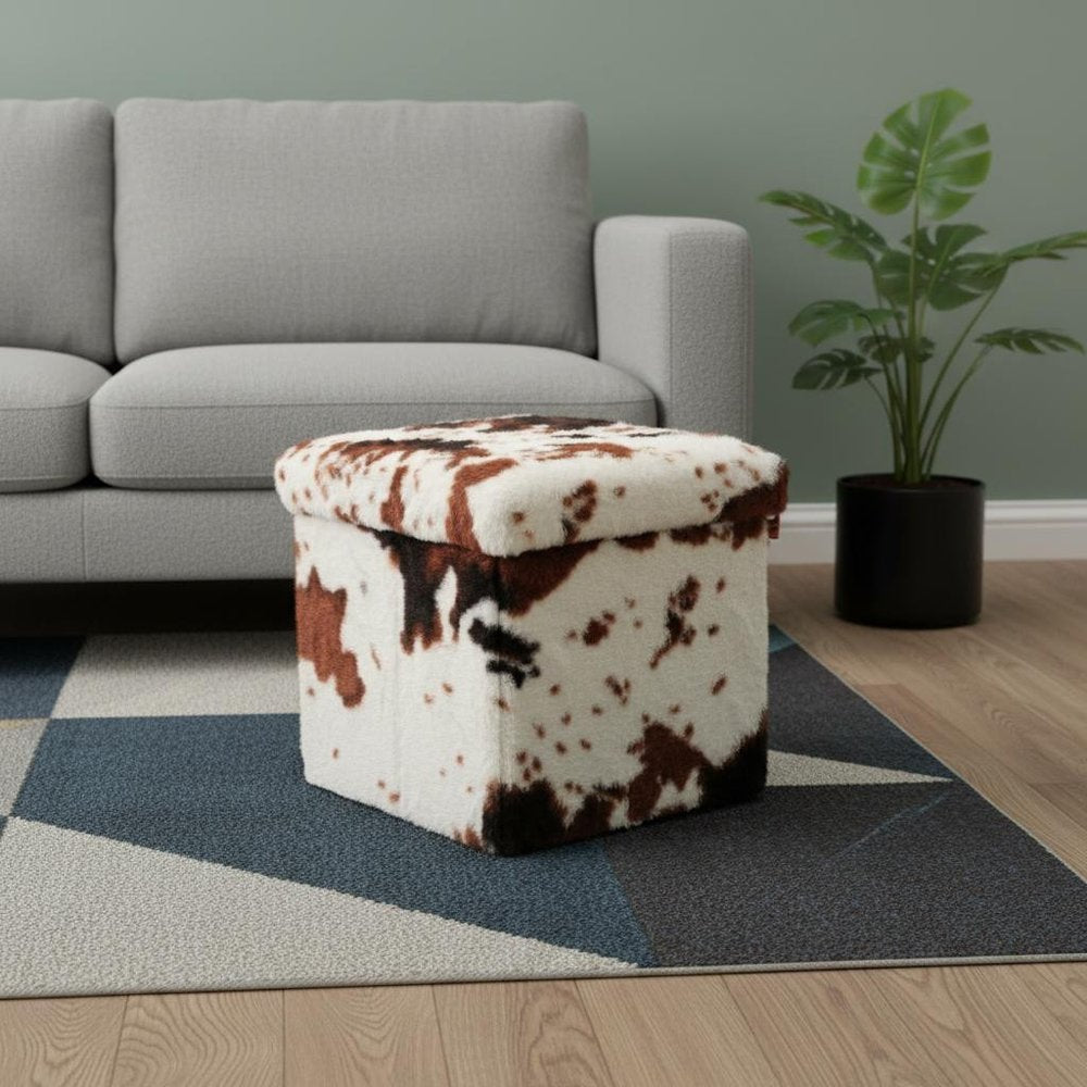 Brown and White Faux Fur Cow Print Storage Ottoman - 12-inch