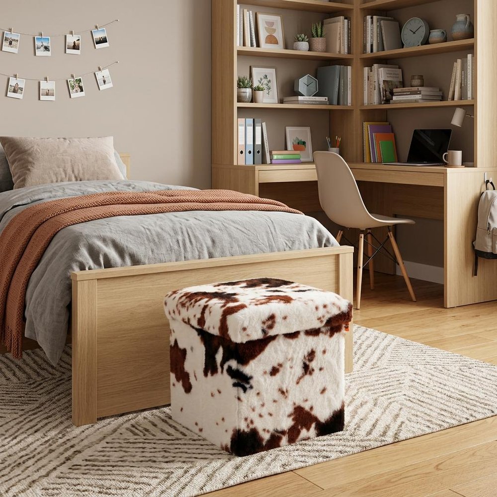 Brown and White Faux Fur Cow Print Storage Ottoman - 12-inch