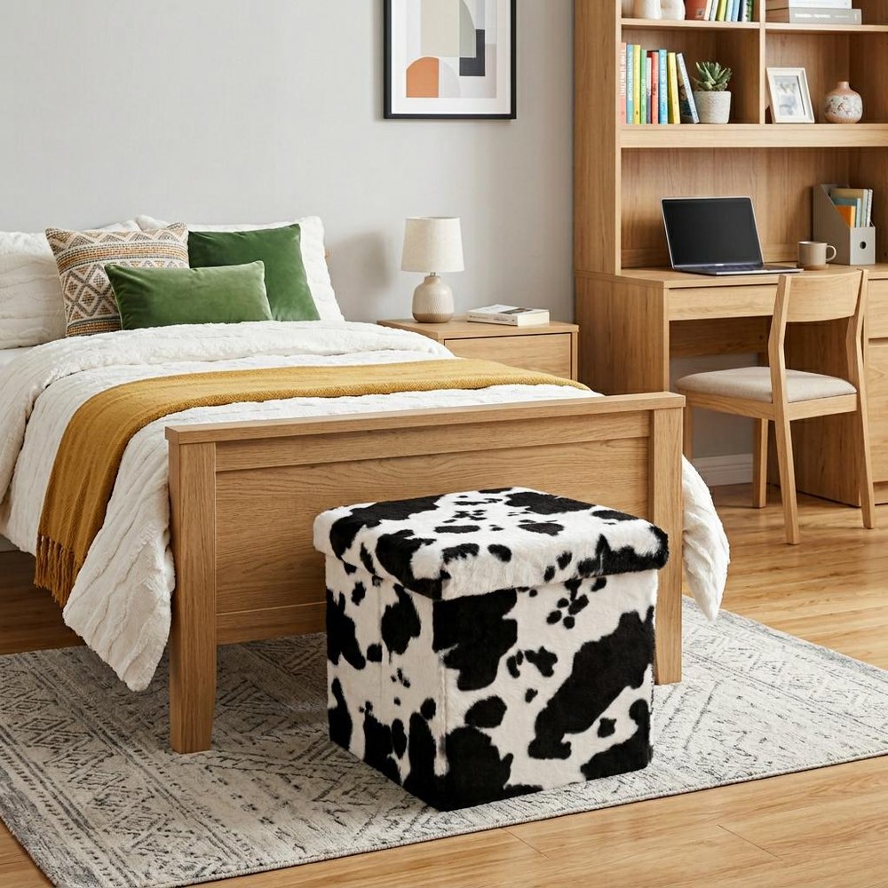 Black and White Faux Fur Cow Print Storage Ottoman - 12-inch