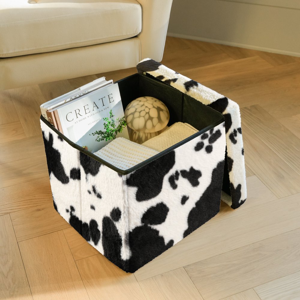Black and White Faux Fur Cow Print Storage Ottoman - 12-inch