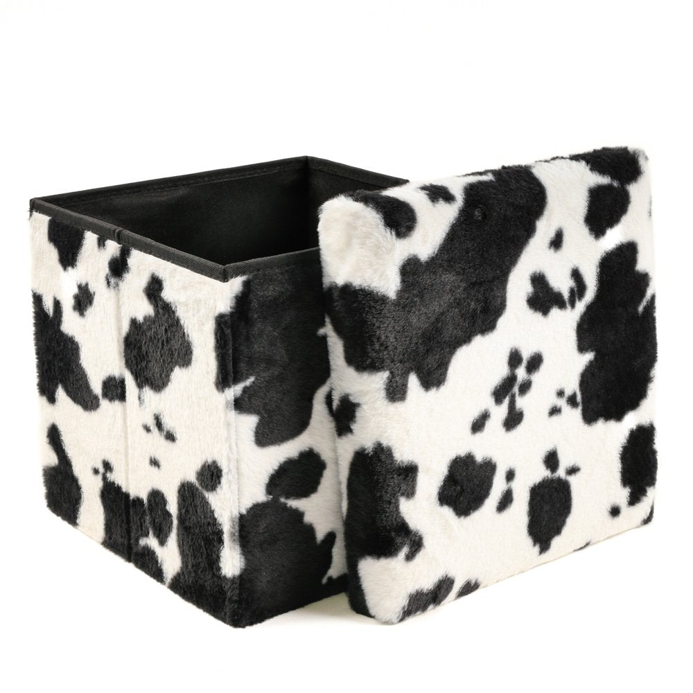 Black and White Faux Fur Cow Print Storage Ottoman - 12-inch