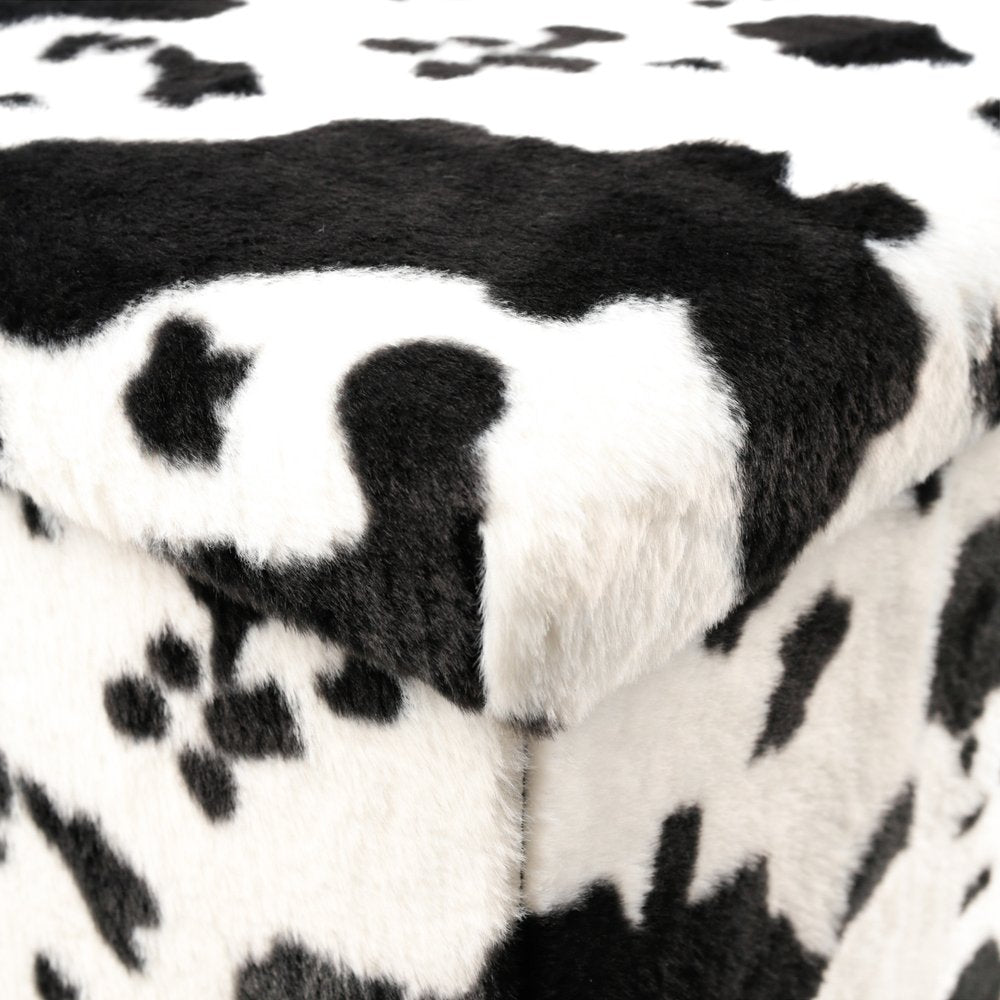 Black and White Faux Fur Cow Print Storage Ottoman - 12-inch
