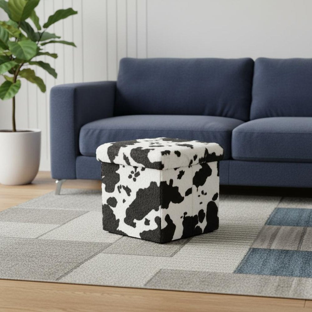 Black and White Faux Fur Cow Print Storage Ottoman - 12-inch