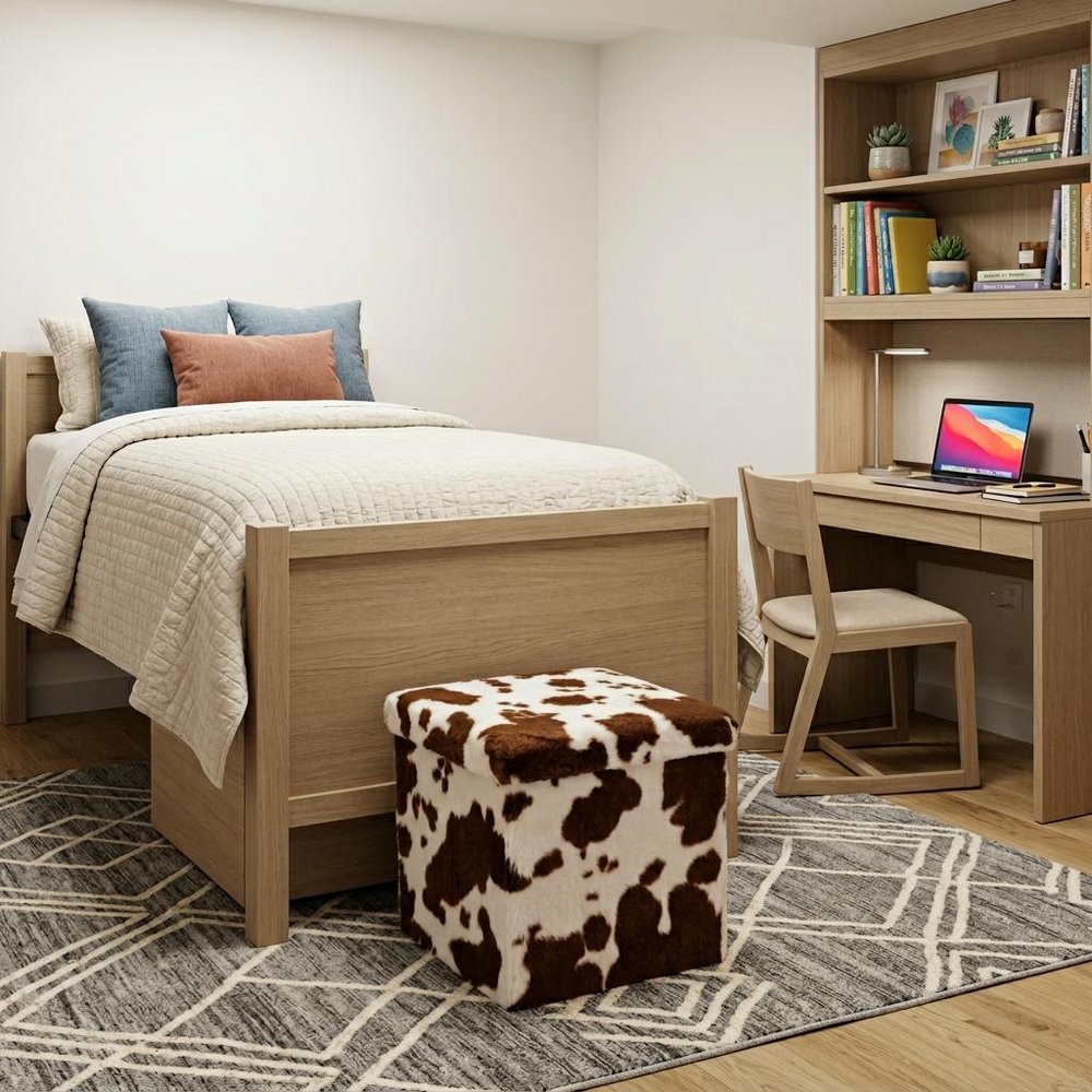 Brown and White Faux Fur Cow Print Storage Ottoman - 12-inch