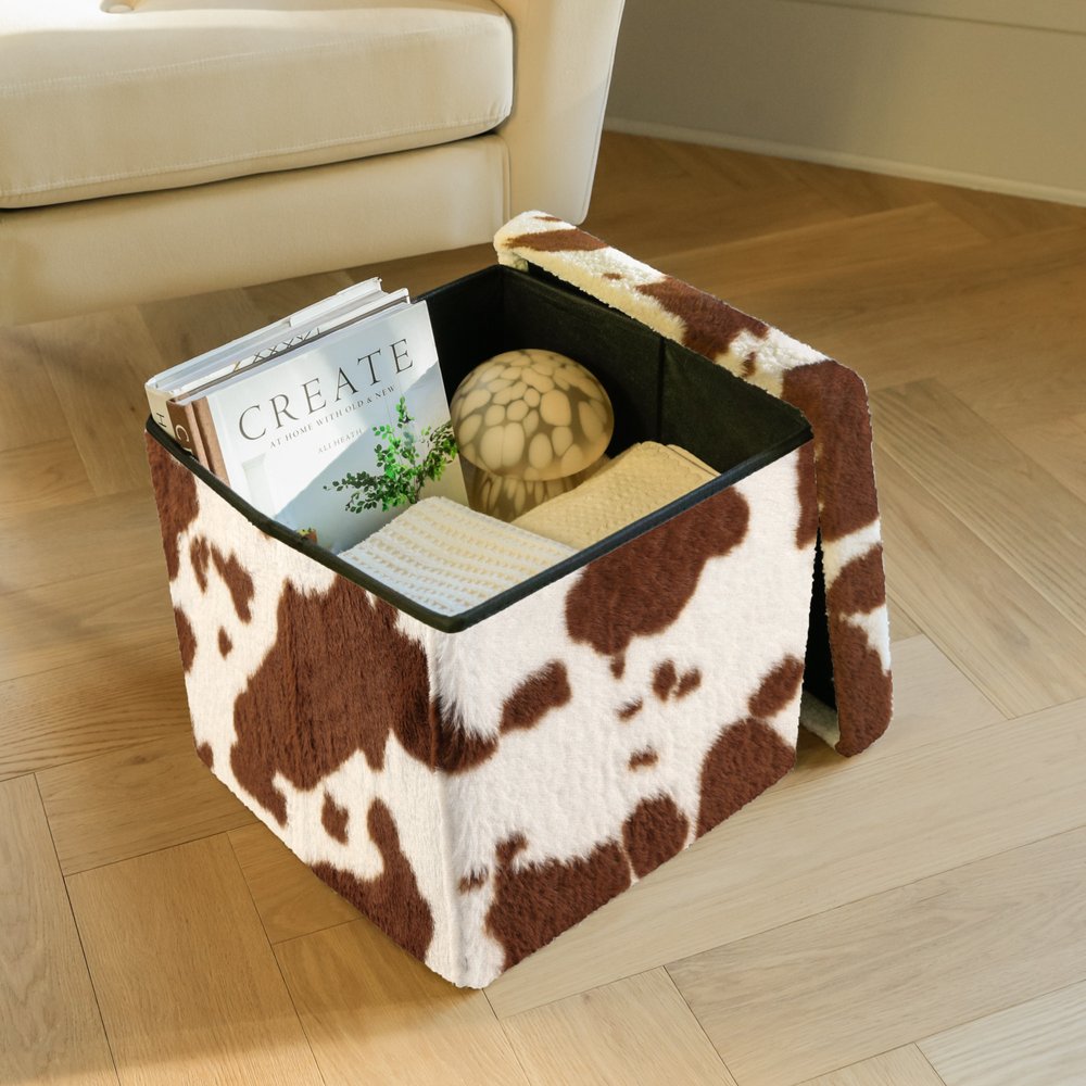 Brown and White Faux Fur Cow Print Storage Ottoman - 12-inch