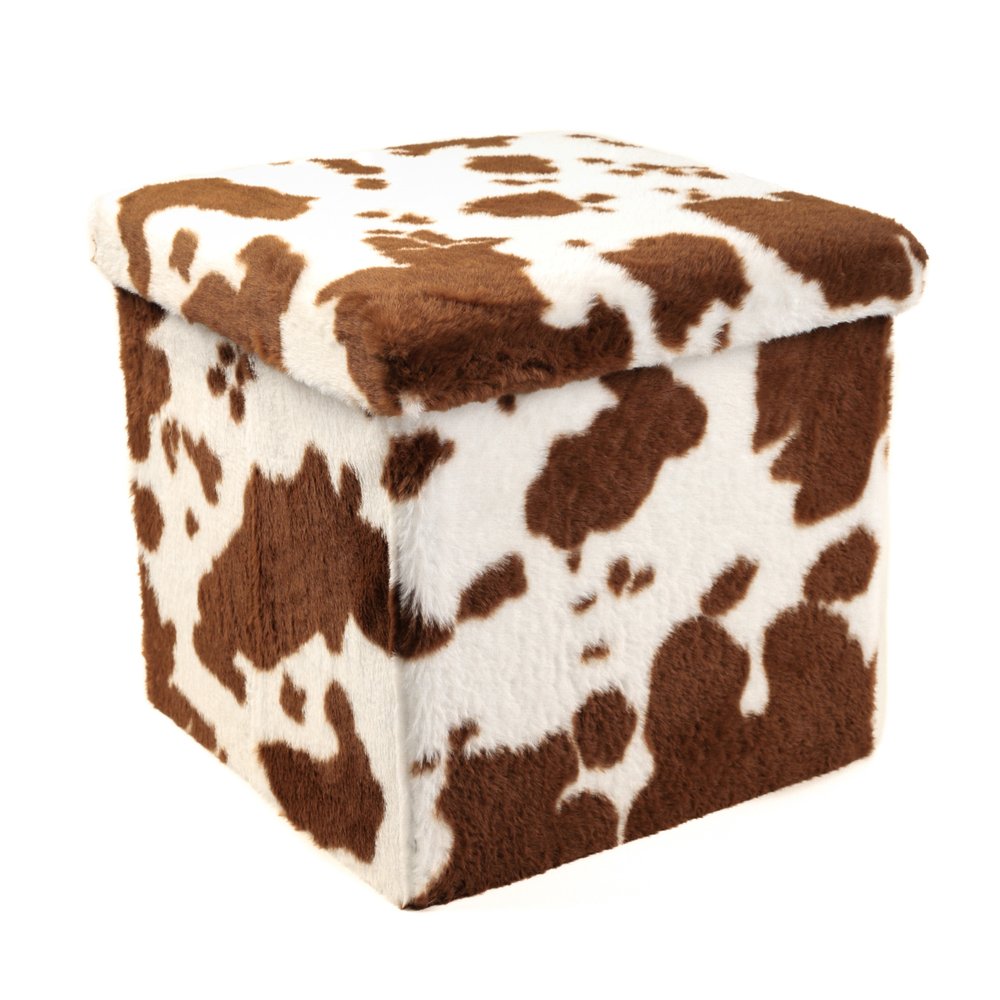 Brown and White Faux Fur Cow Print Storage Ottoman - 12-inch