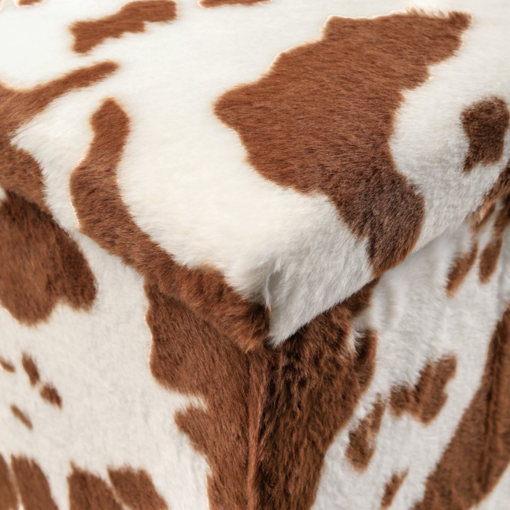 Brown and White Faux Fur Cow Print Storage Ottoman - 12-inch