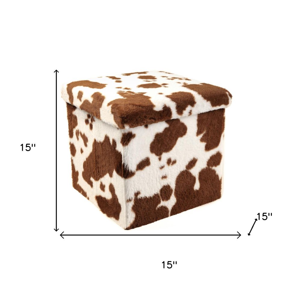 Brown and White Faux Fur Cow Print Storage Ottoman - 12-inch