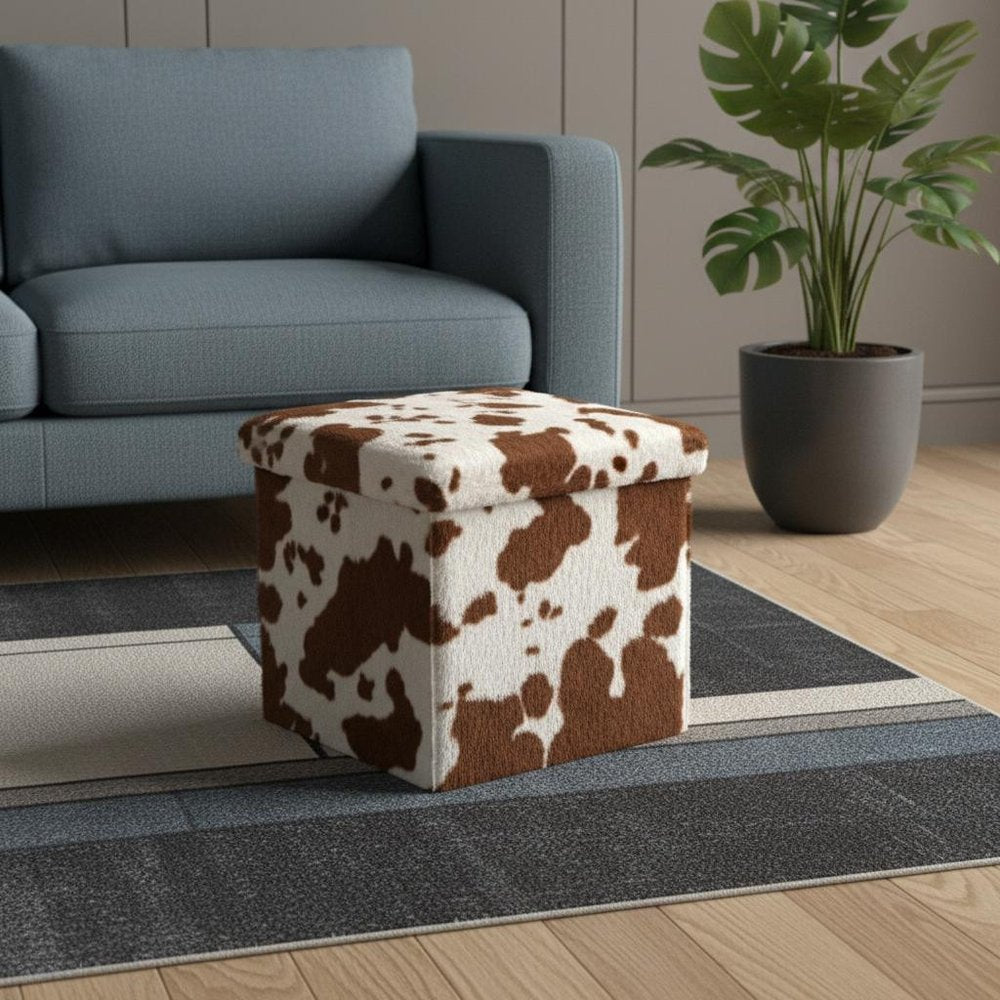 Brown and White Faux Fur Cow Print Storage Ottoman - 12-inch