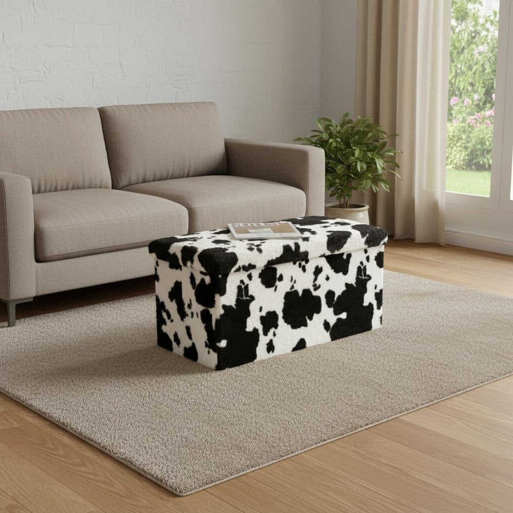 Black and White Faux Fur Cow Print Storage Ottoman - 12-inch