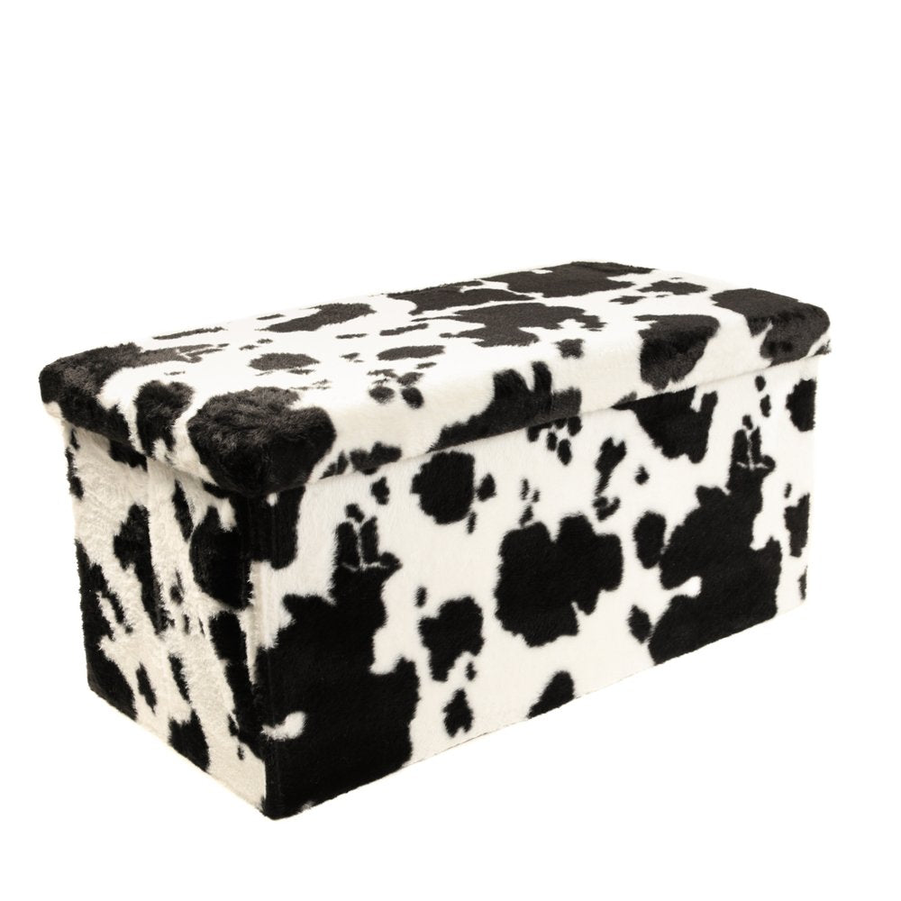 Black and White Faux Fur Cow Print Storage Ottoman - 12-inch