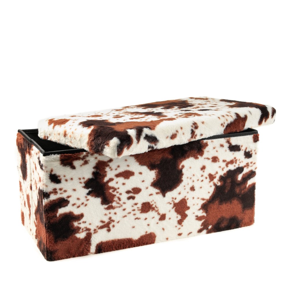 Brown and White Faux Fur Cow Print Storage Ottoman - 12-inch