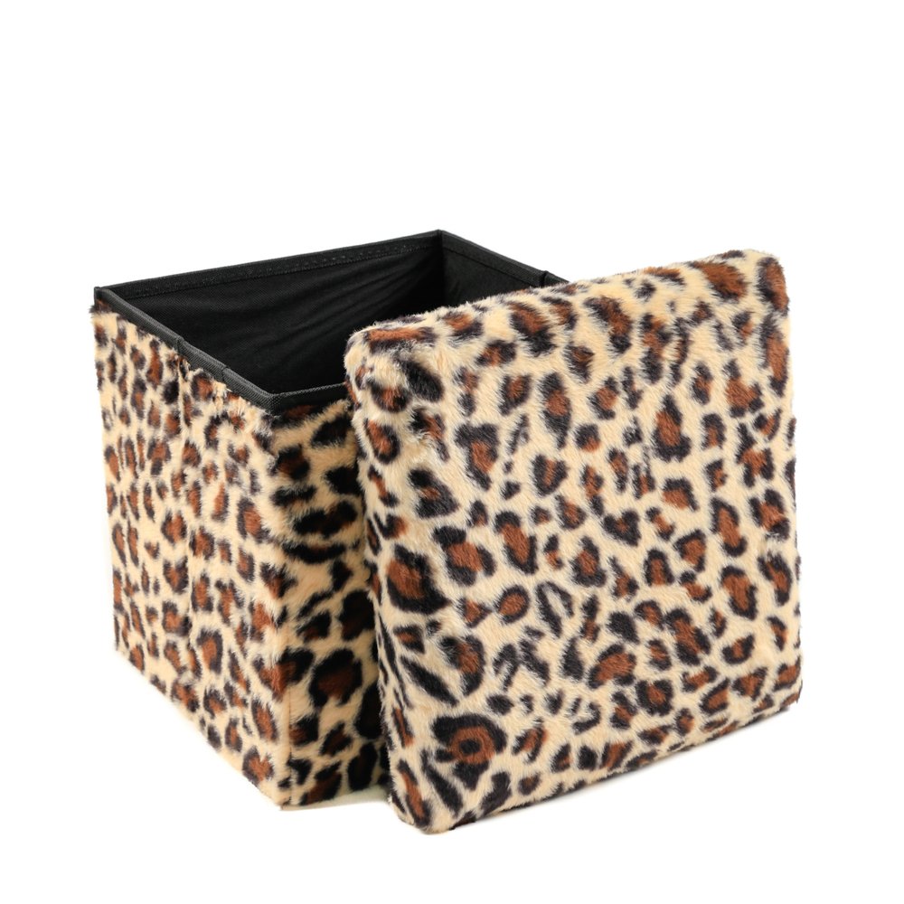 Black and Tan Faux Fur Leopard Storage Ottoman - 12-inch