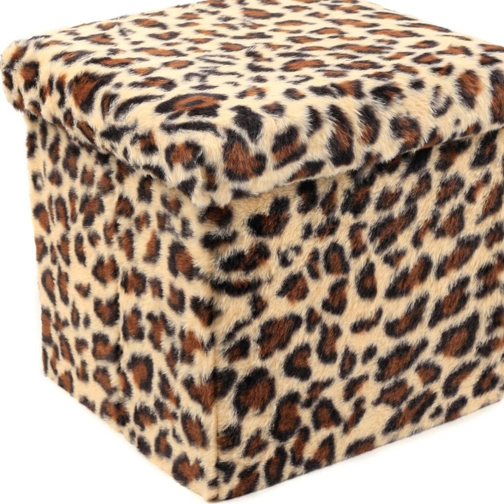 Black and Tan Faux Fur Leopard Storage Ottoman - 12-inch