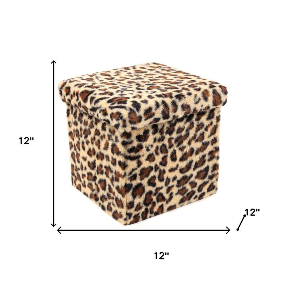 Black and Tan Faux Fur Leopard Storage Ottoman - 12-inch