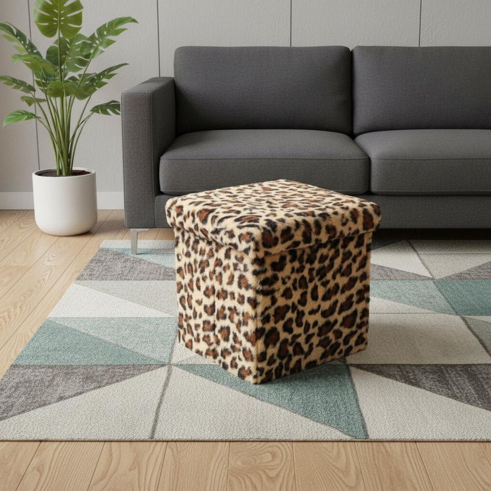 Black and Tan Faux Fur Leopard Storage Ottoman - 12-inch