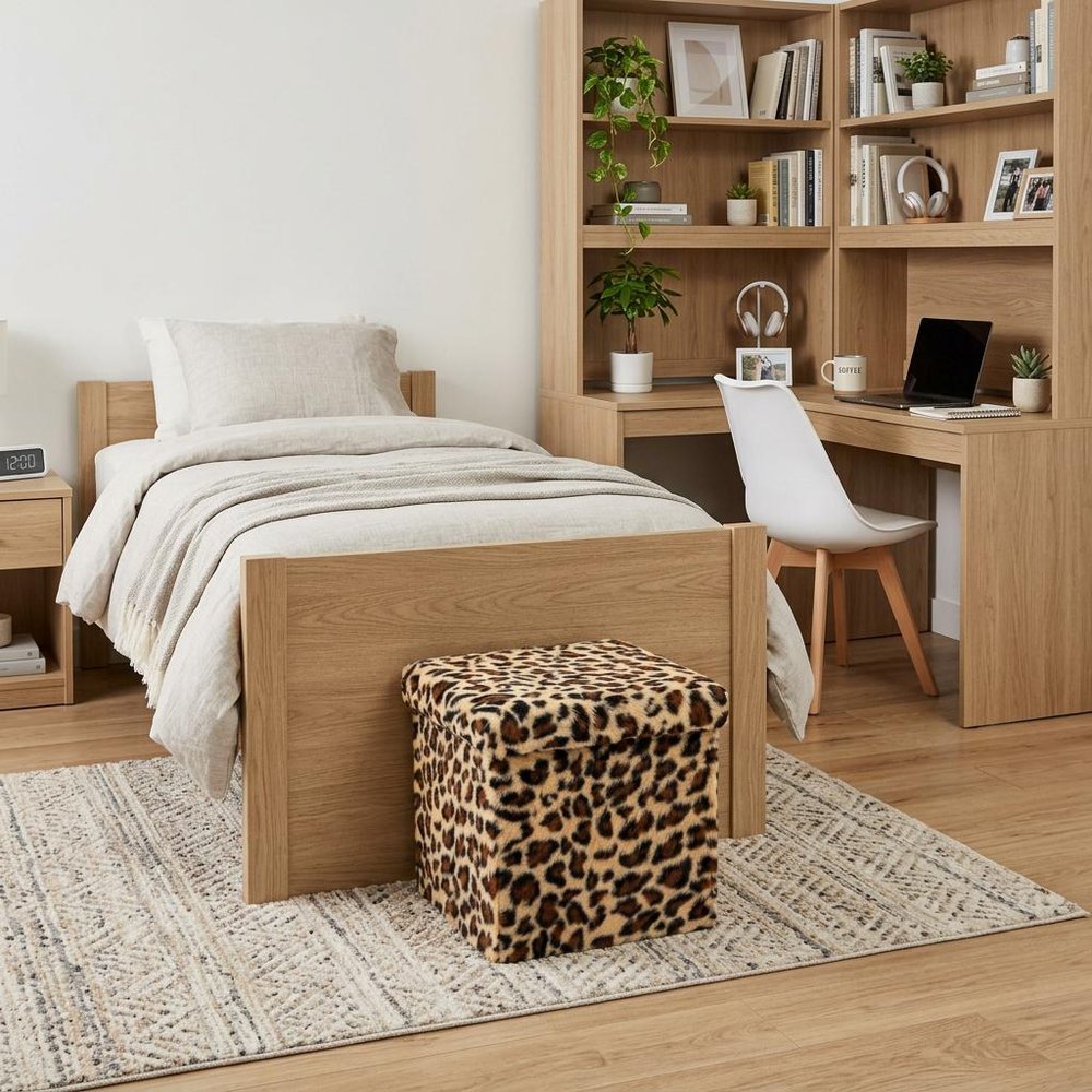Black and Tan Faux Fur Leopard Storage Ottoman - 12-inch