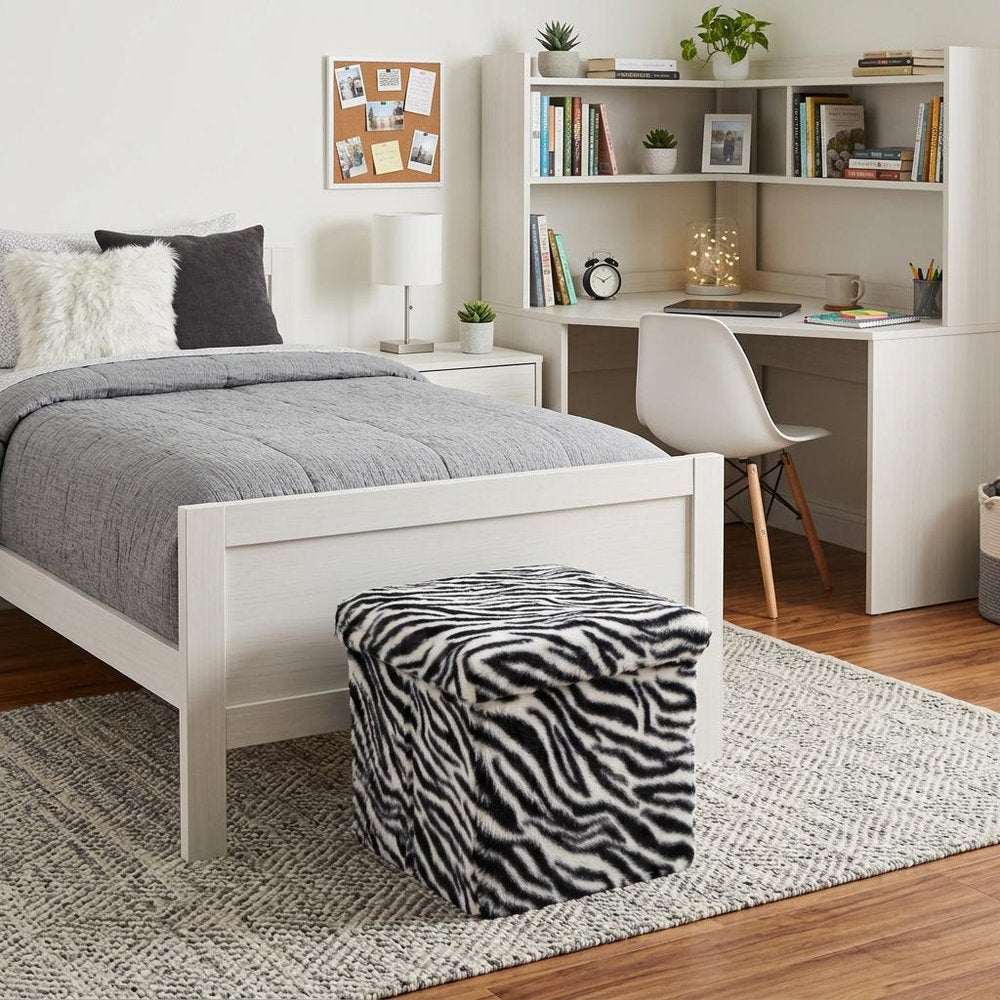 Black and White Faux Fur Zebra Storage Ottoman - 12-inch