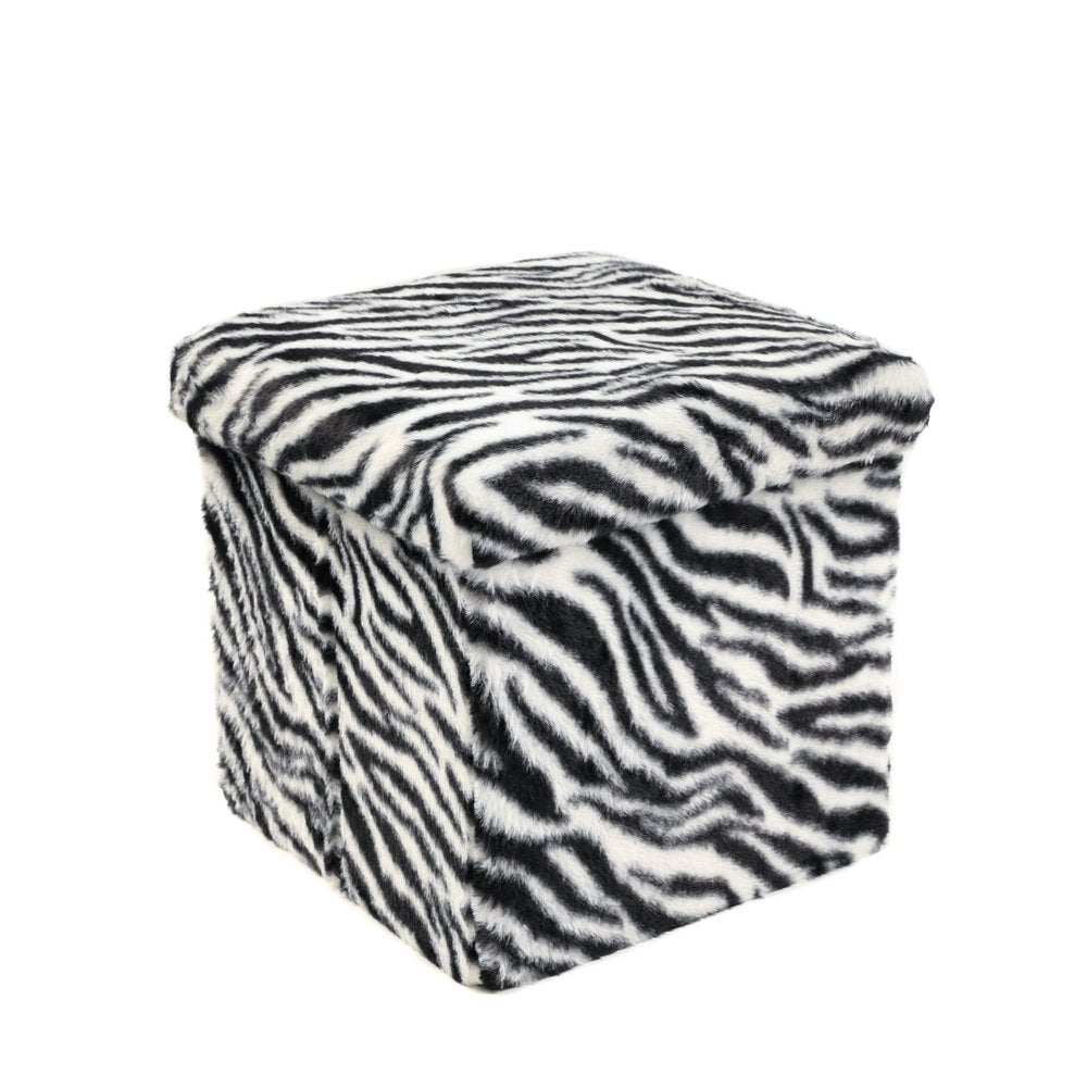 Black and White Faux Fur Zebra Storage Ottoman - 12-inch