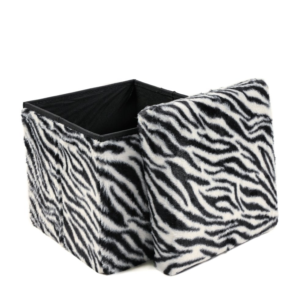 Black and White Faux Fur Zebra Storage Ottoman - 12-inch