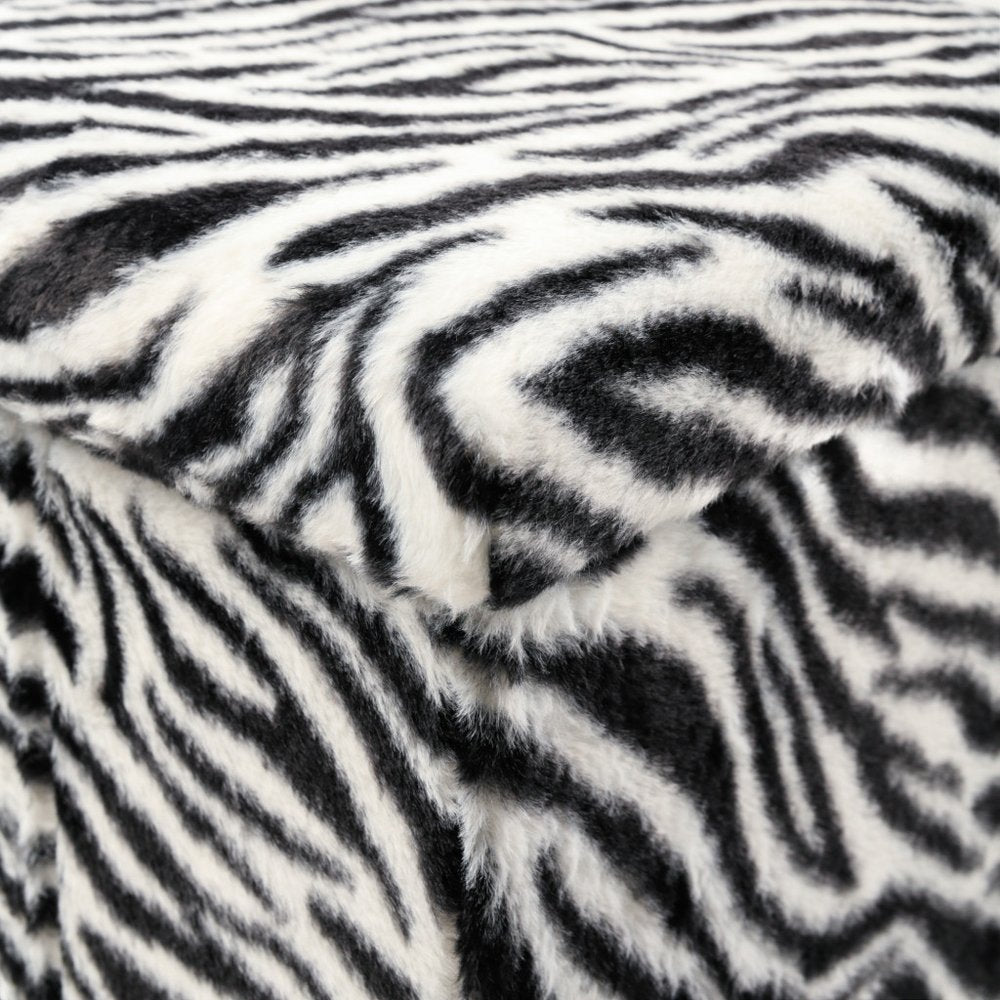 Black and White Faux Fur Zebra Storage Ottoman - 12-inch