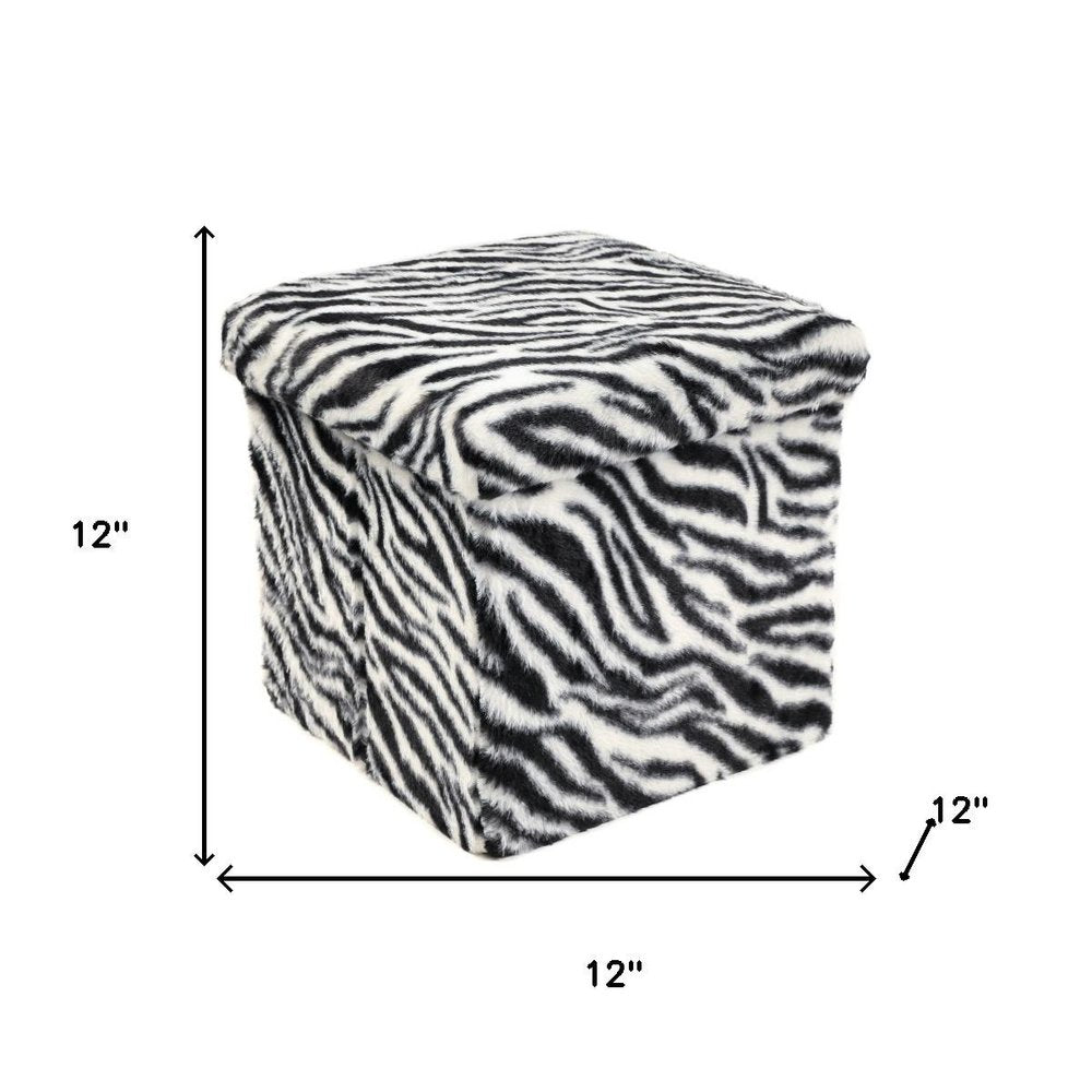 Black and White Faux Fur Zebra Storage Ottoman - 12-inch