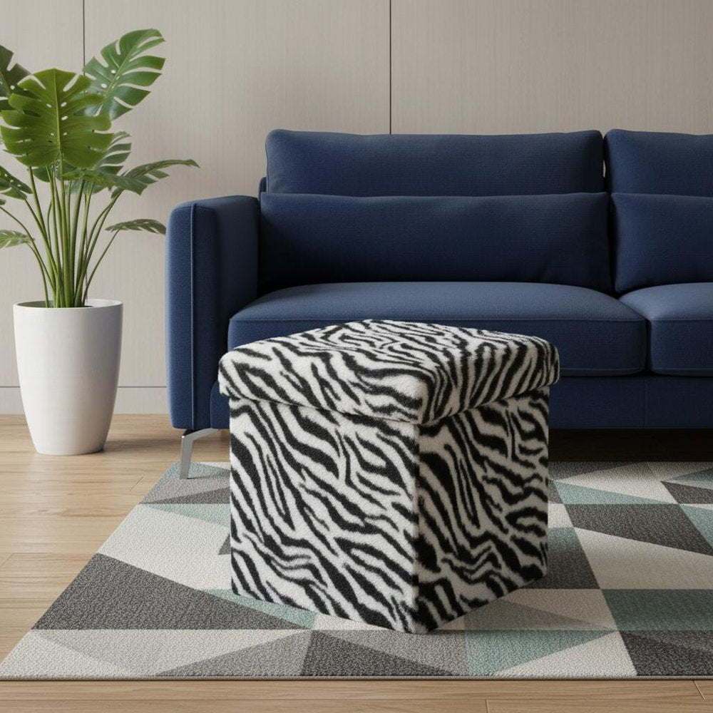 Black and White Faux Fur Zebra Storage Ottoman - 12-inch