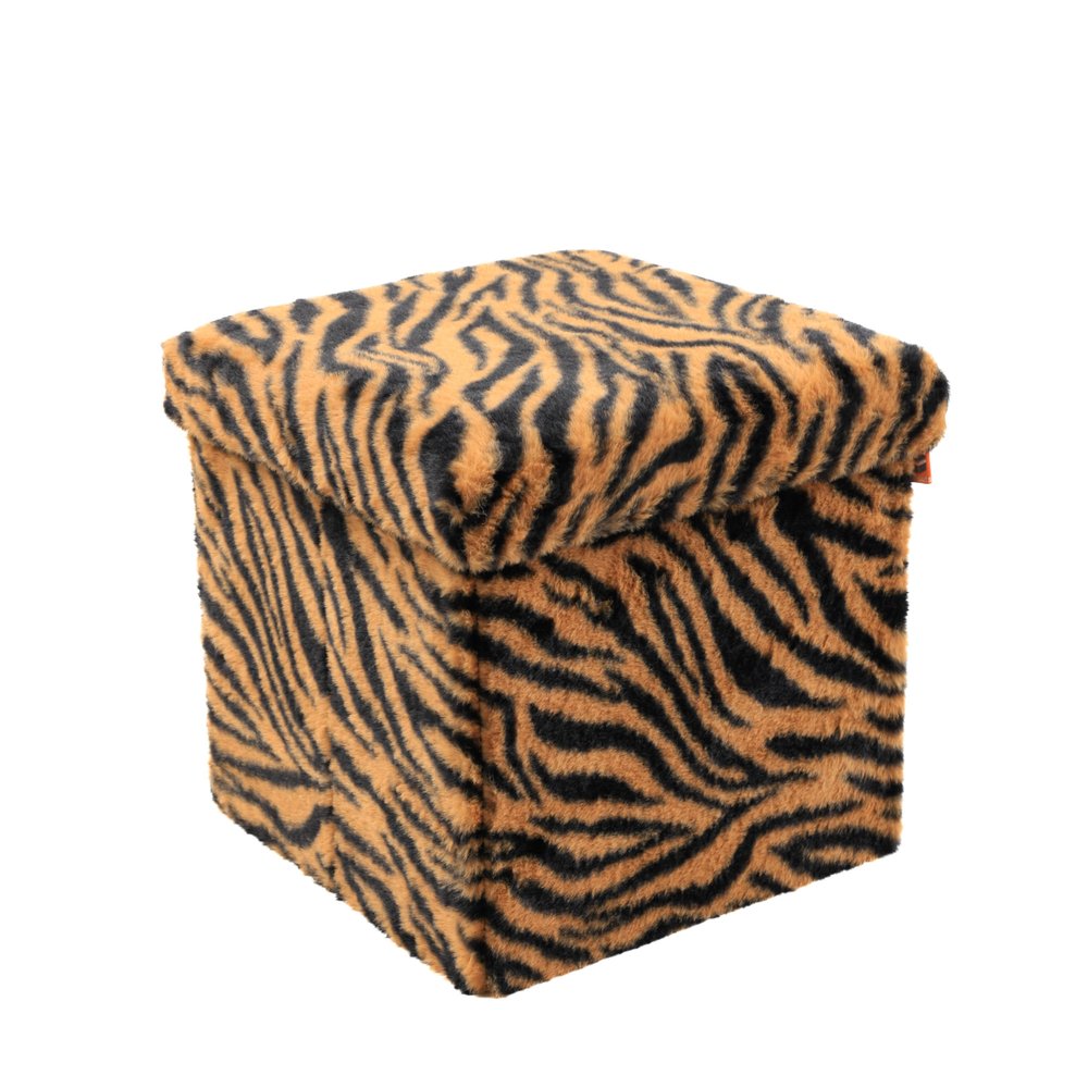 Black and Tan Faux Fur Tiger Storage Ottoman - 12-inch