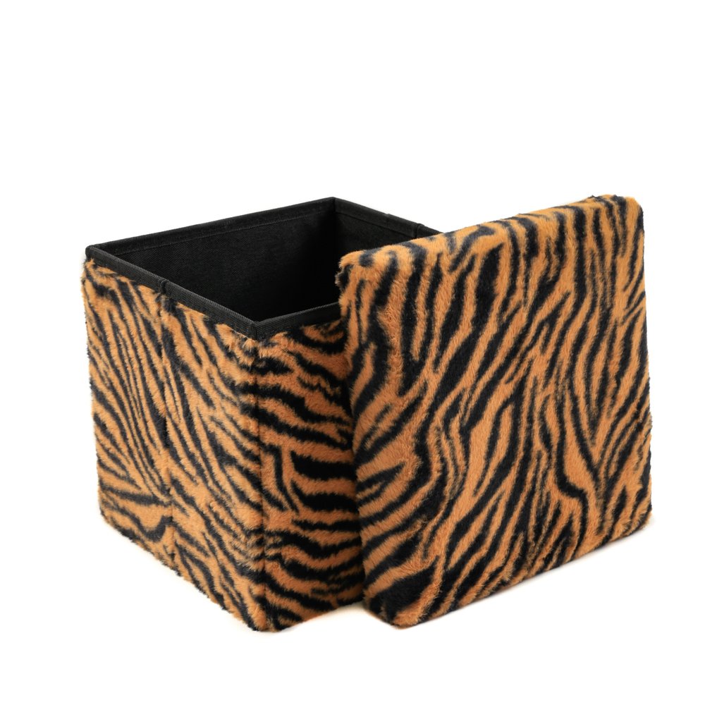 Black and Tan Faux Fur Tiger Storage Ottoman - 12-inch