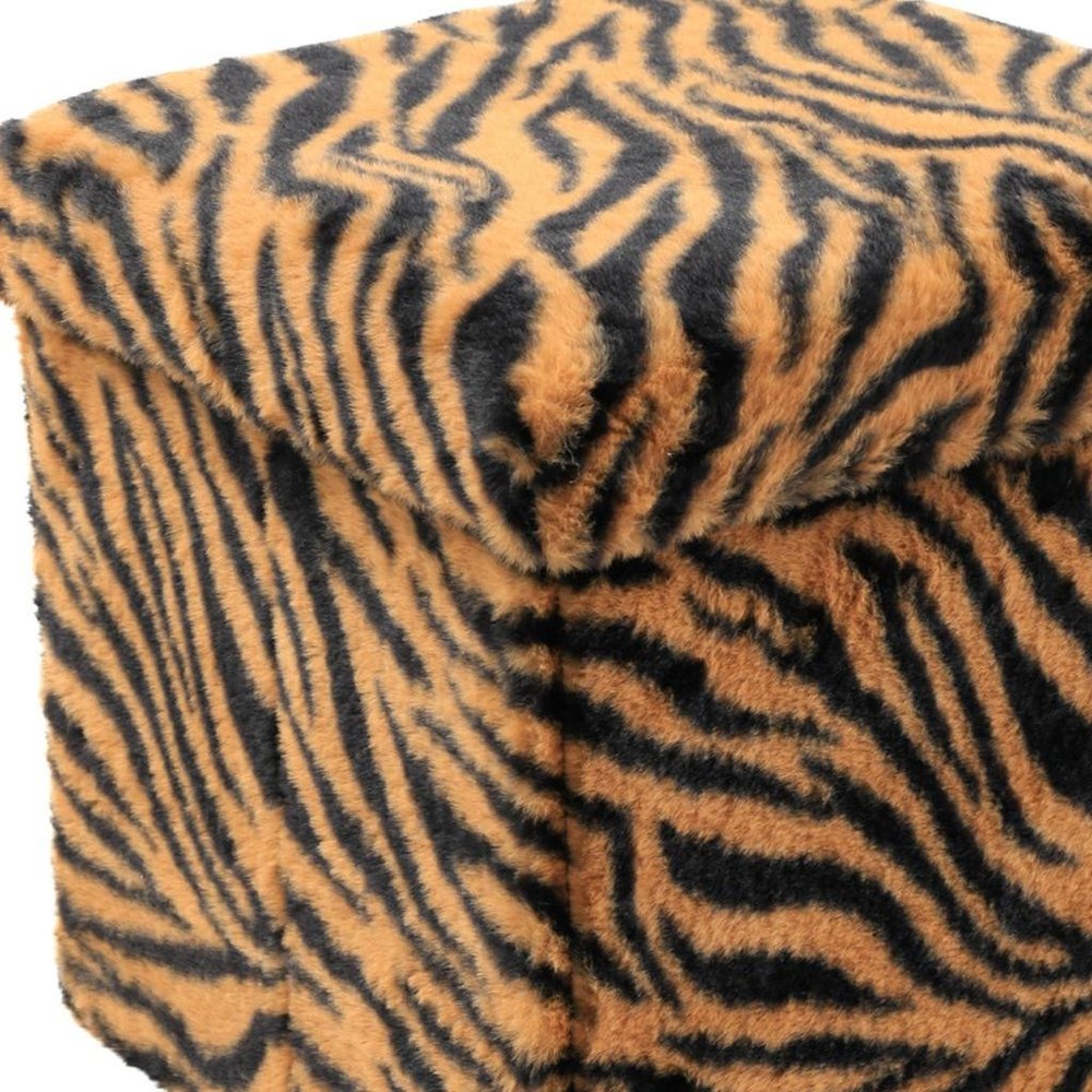 Black and Tan Faux Fur Tiger Storage Ottoman - 12-inch