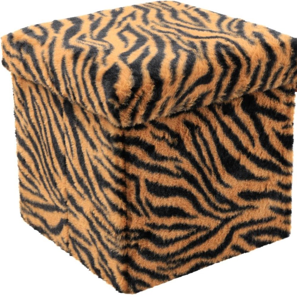 Black and Tan Faux Fur Tiger Storage Ottoman - 12-inch