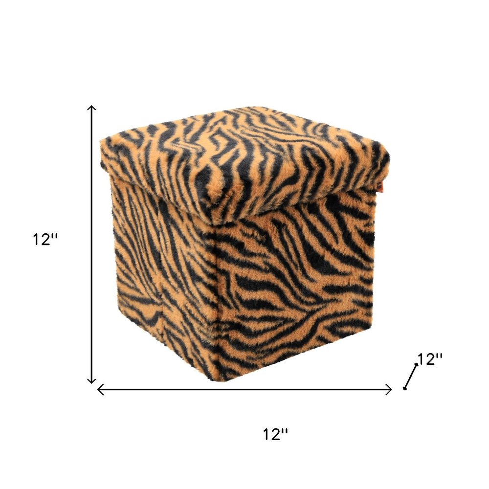 Black and Tan Faux Fur Tiger Storage Ottoman - 12-inch