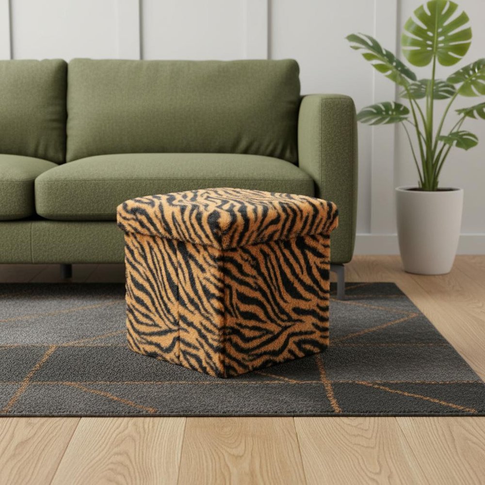 Black and Tan Faux Fur Tiger Storage Ottoman - 12-inch