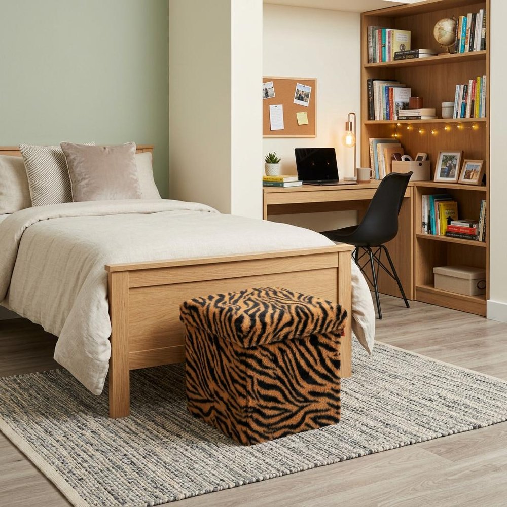 Black and Tan Faux Fur Tiger Storage Ottoman - 12-inch