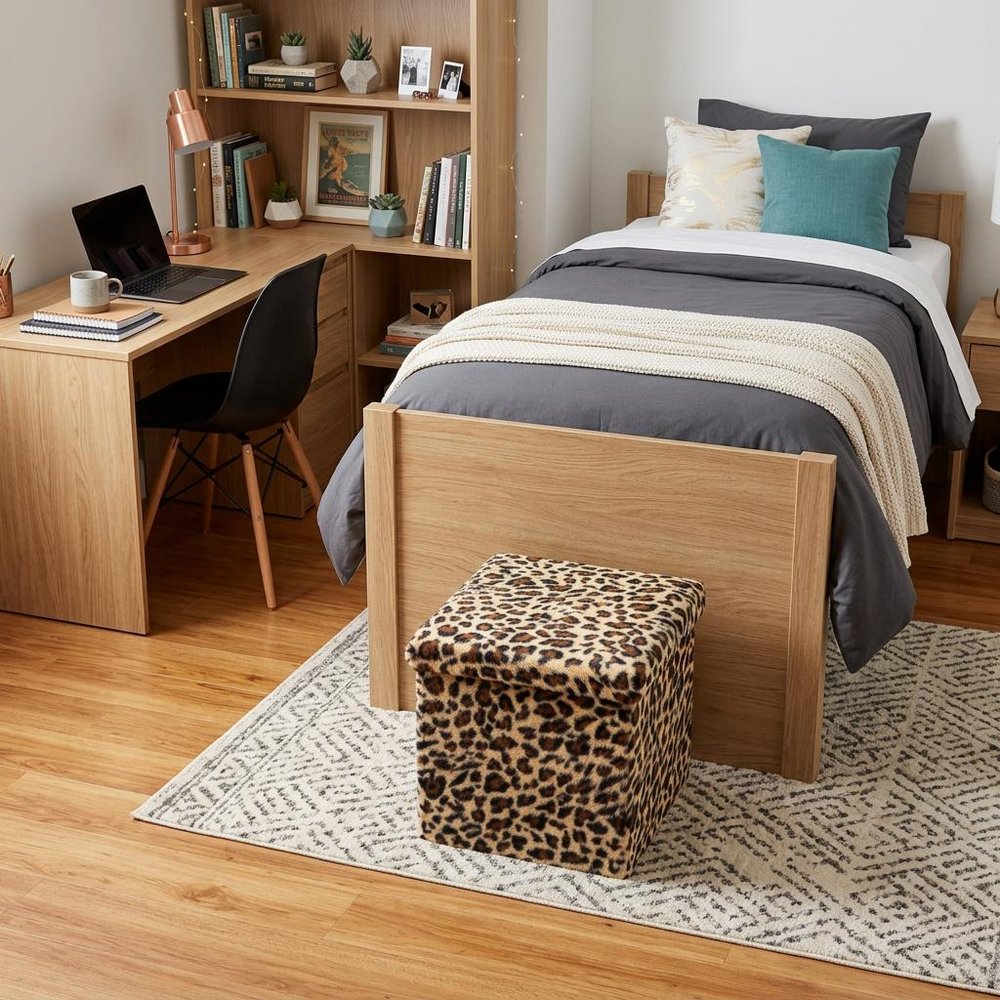 Black and Tan Faux Fur Leopard Storage Ottoman - 12-inch