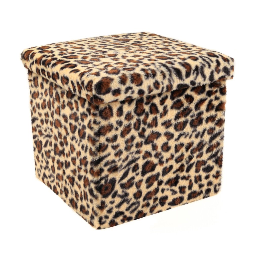 Black and Tan Faux Fur Leopard Storage Ottoman - 12-inch