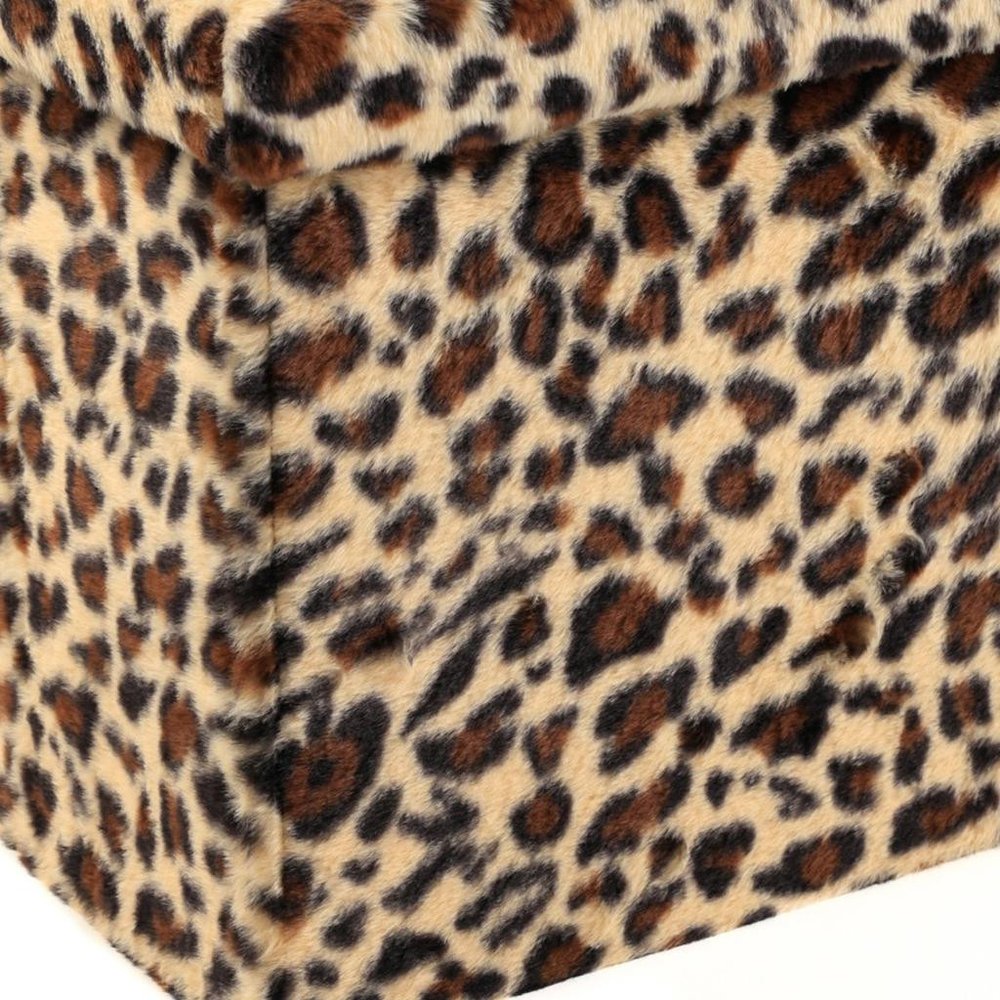 Black and Tan Faux Fur Leopard Storage Ottoman - 12-inch