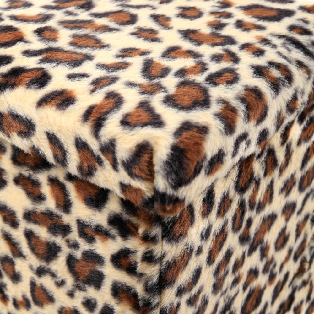 Black and Tan Faux Fur Leopard Storage Ottoman - 12-inch