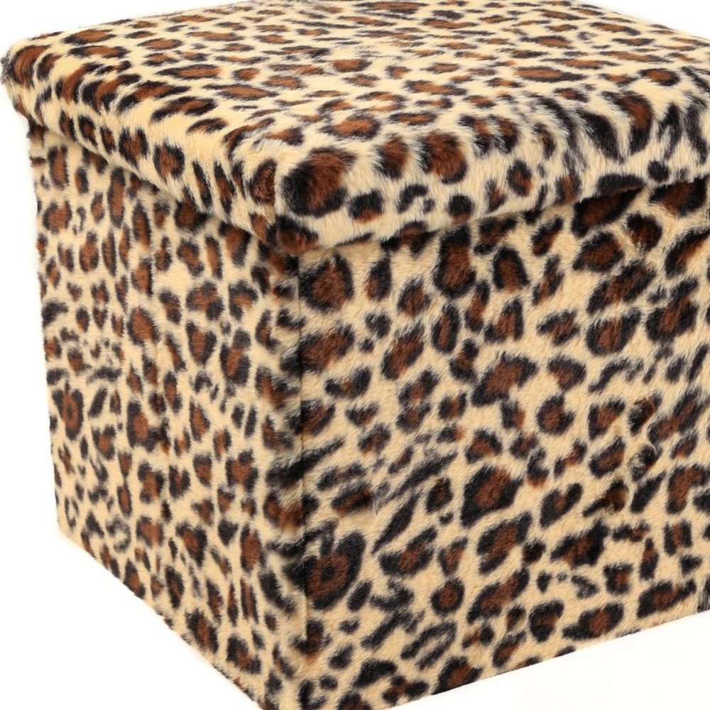 Black and Tan Faux Fur Leopard Storage Ottoman - 12-inch