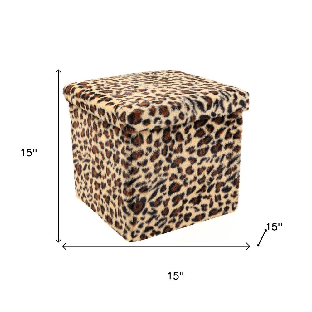 Black and Tan Faux Fur Leopard Storage Ottoman - 12-inch