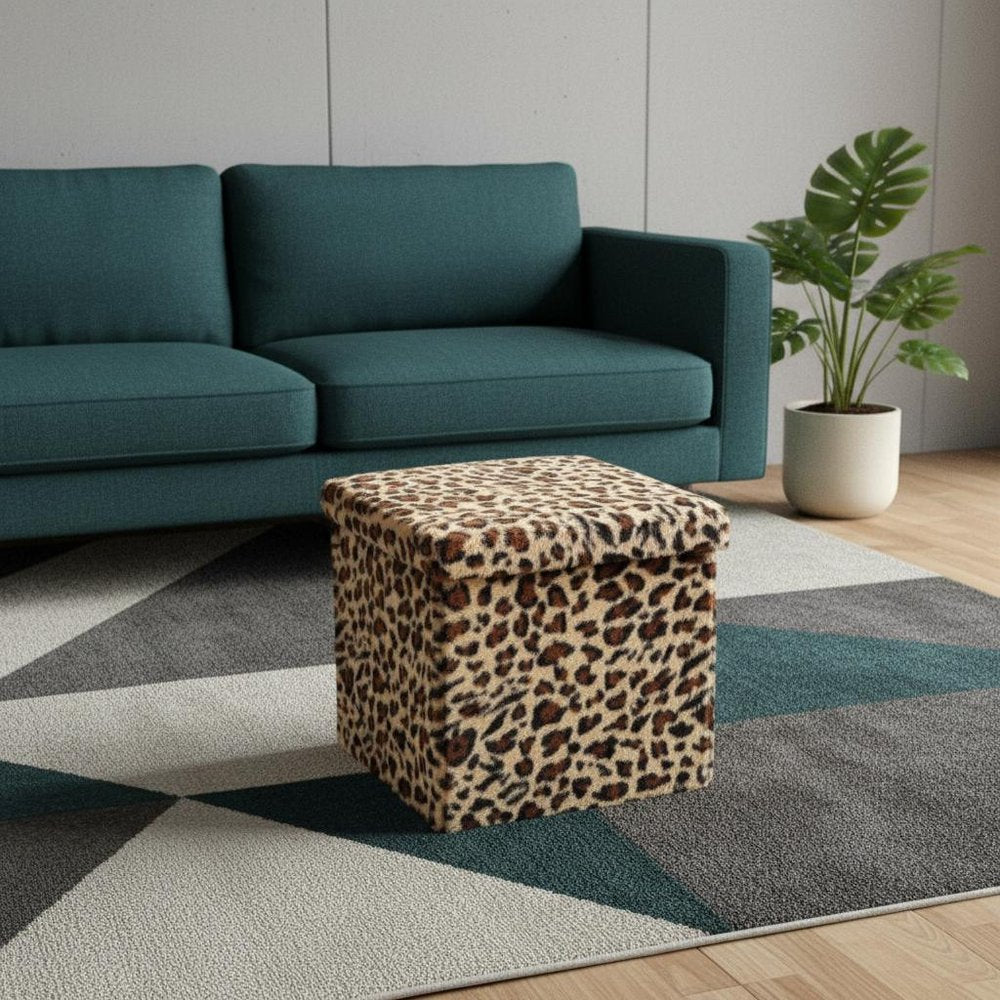 Black and Tan Faux Fur Leopard Storage Ottoman - 12-inch