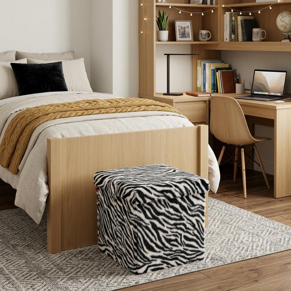 Black and White Faux Fur Zebra Storage Ottoman - 12-inch