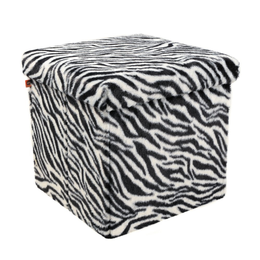 Black and White Faux Fur Zebra Storage Ottoman - 12-inch