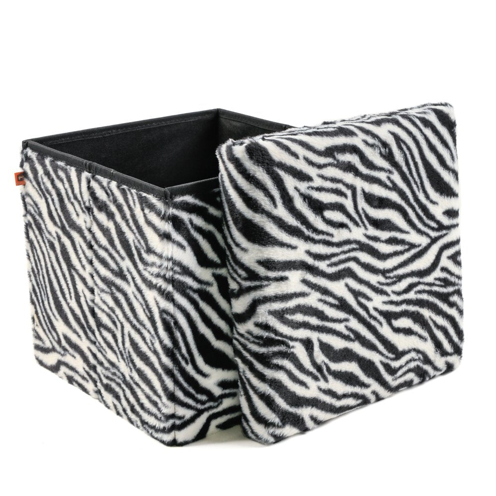 Black and White Faux Fur Zebra Storage Ottoman - 12-inch
