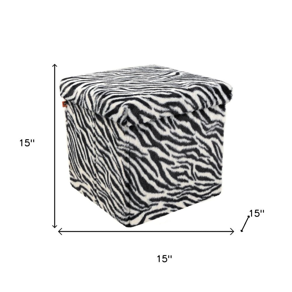 Black and White Faux Fur Zebra Storage Ottoman - 12-inch