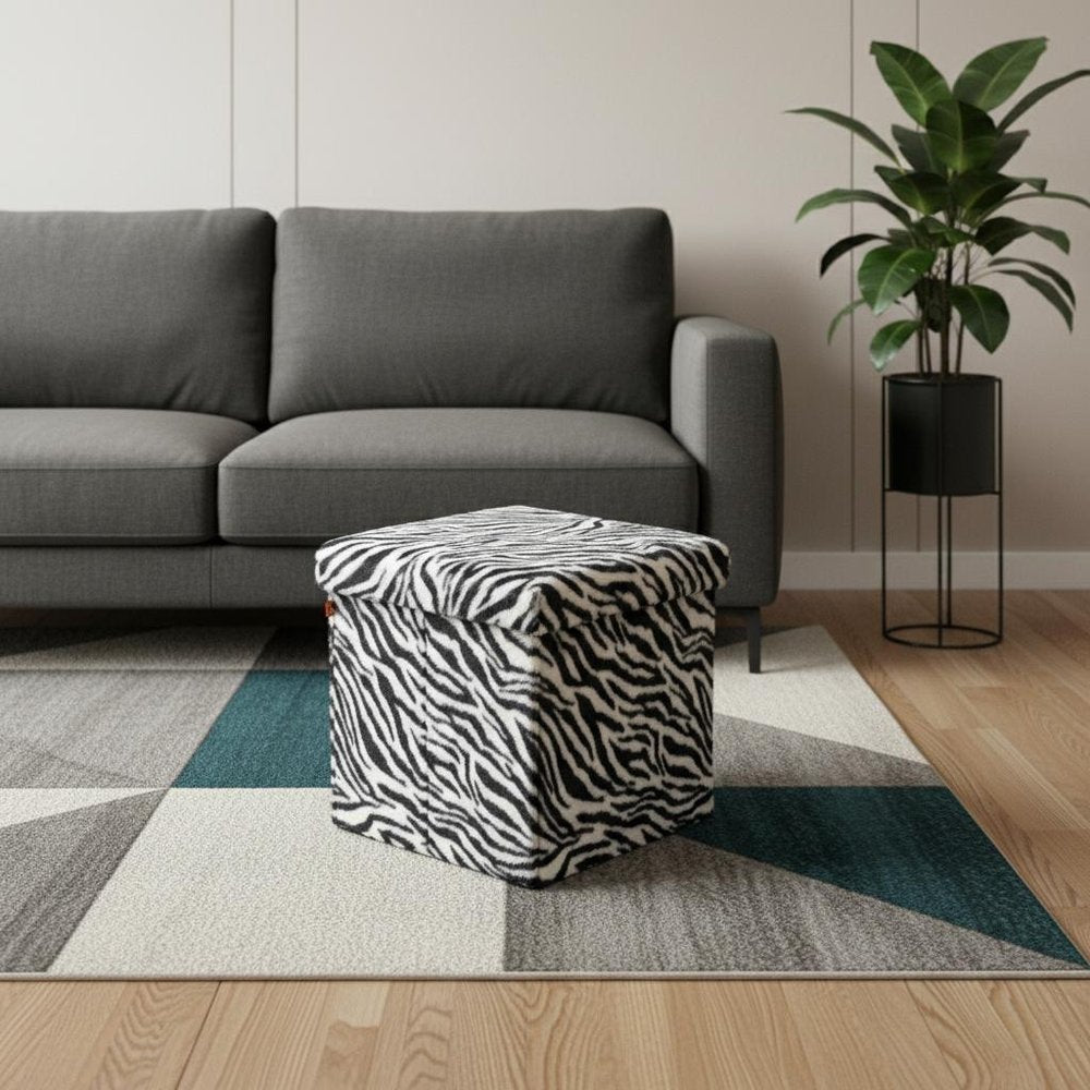 Black and White Faux Fur Zebra Storage Ottoman - 12-inch