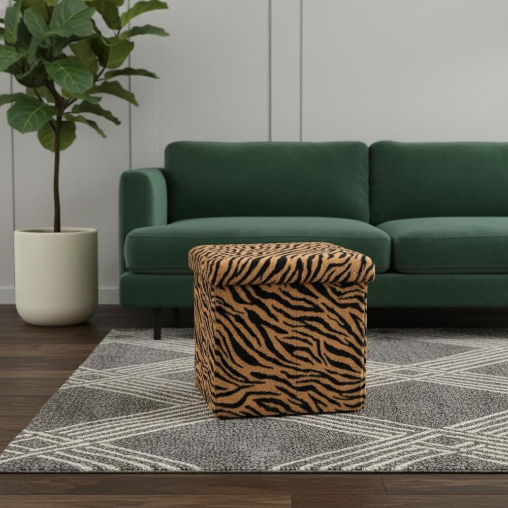 Black and Tan Faux Fur Tiger Storage Ottoman - 12-inch