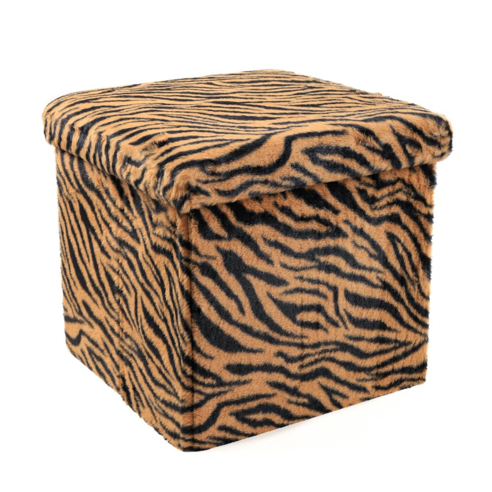 Black and Tan Faux Fur Tiger Storage Ottoman - 12-inch